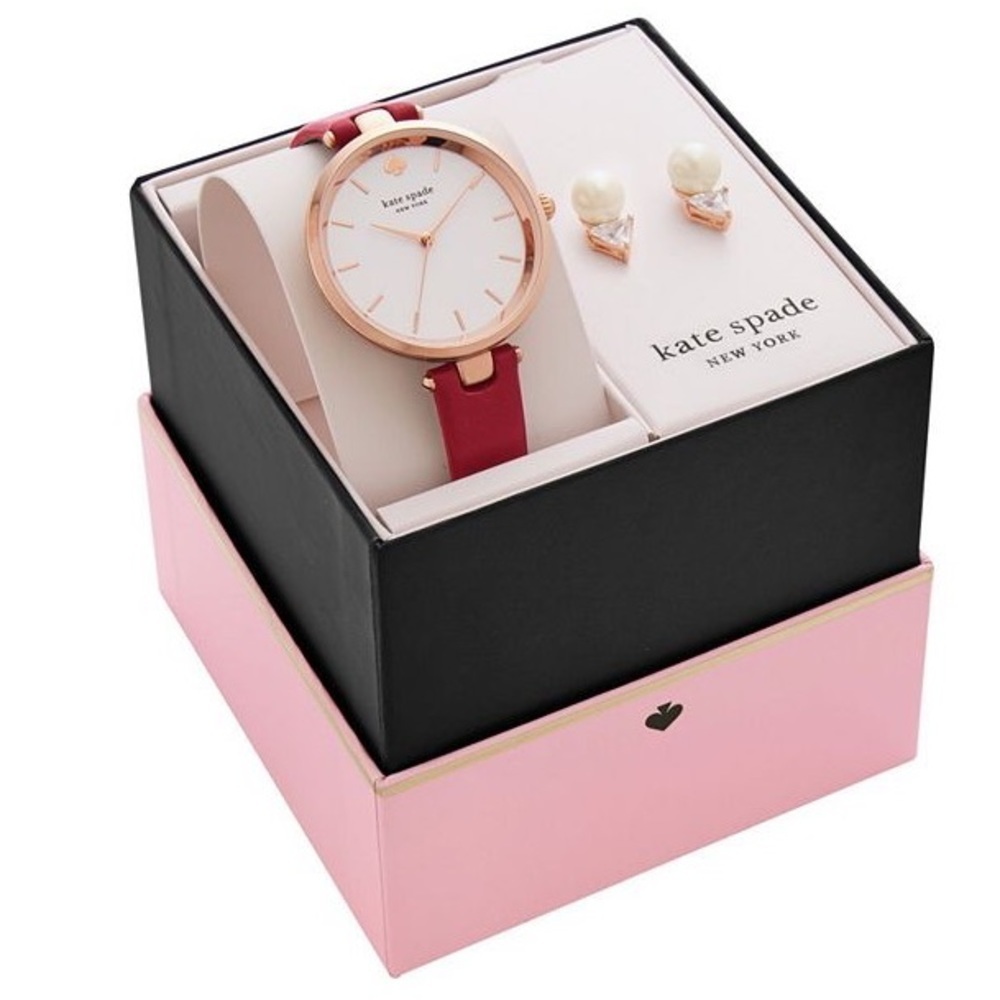 Kate Spade Holland Watch Gift Set Rose Gold Leather Pearl Earrings 34mm Box